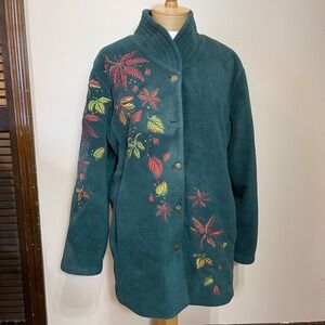 Bob Mackie Wearable Art Green Fleece Embroidered Leaf Jacket Womens Large